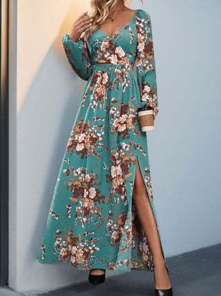 Shop Turquoise Perfee Slit Printed Surplice Long Sleeve Maxi Dress - High-Quality U.S. Made Women’s Fashion with Free & Fast Shipping