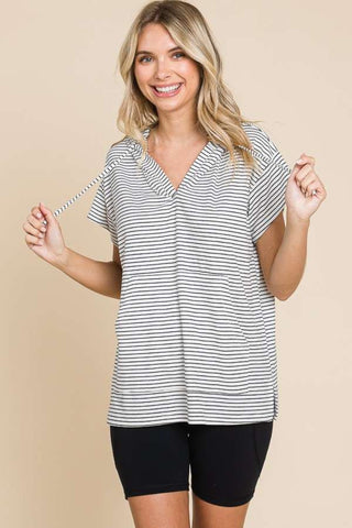 Shop Culture Code Full Size Striped Short Sleeve Hooded Top - High-Quality U.S. Made Women’s Fashion with Free & Fast Shipping