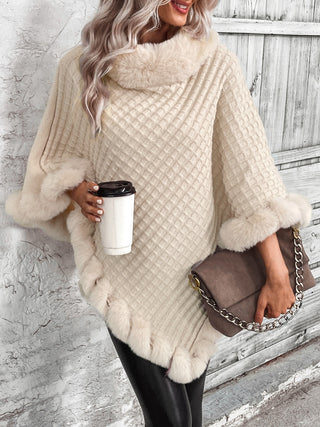 Shop Beige Faux Fur Trim Poncho - High-Quality U.S. Made Women’s Fashion with Free & Fast Shipping