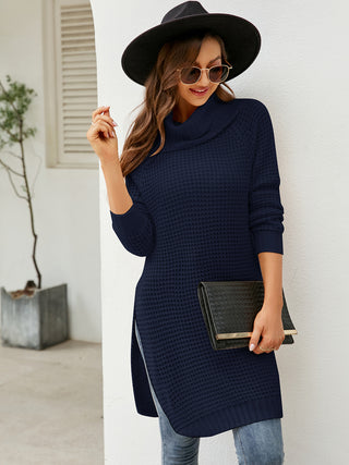 Shop Turtleneck Waffle-Knit Slit Sweater Dress - High-Quality U.S. Made Women’s Fashion with Free & Fast Shipping