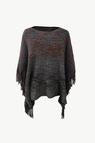 Shop Black One Size Round Neck Fringe Detail Poncho - High-Quality U.S. Made Women’s Fashion with Free & Fast Shipping