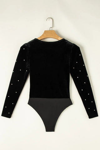 Shop Pearl Detail V-Neck Long Sleeve Bodysuit - High-Quality U.S. Made Women’s Fashion with Free & Fast Shipping