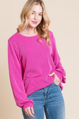 Shop Fuchsia BOMBOM Long Sleeve Curved Hem Ribbed T-Shirt - High-Quality U.S. Made Women’s Fashion with Free & Fast Shipping