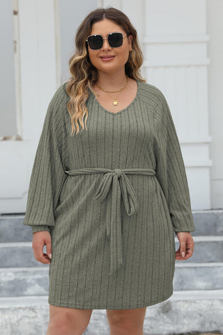 Shop Plus Size Ribbed Tie Front Long Sleeve Sweater Dress - High-Quality U.S. Made Women’s Fashion with Free & Fast Shipping