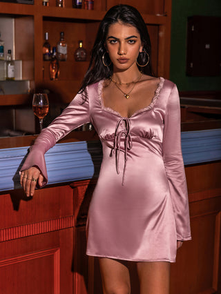 Shop Tied Sweetheart Neck Long Sleeve Night Dress - High-Quality U.S. Made Women’s Fashion with Free & Fast Shipping