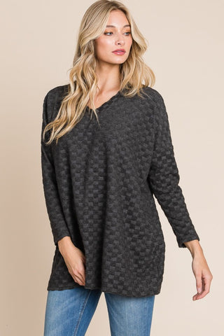 Shop BOMBOM Checkered Long Sleeve V-Neck T-Shirt - High-Quality U.S. Made Women’s Fashion with Free & Fast Shipping