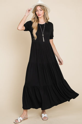 Shop BOMBOM Short Sleeve Tiered Maxi Dress - High-Quality U.S. Made Women’s Fashion with Free & Fast Shipping