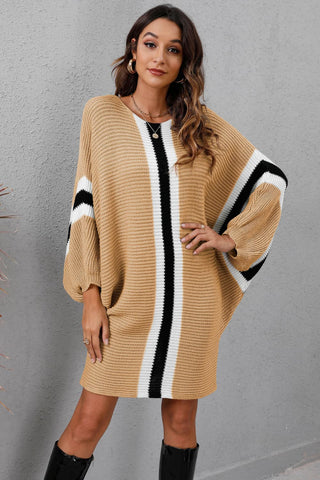 Shop Khaki Ribbed Round Neck Long Sleeve Sweater Dress - High-Quality U.S. Made Women’s Fashion with Free & Fast Shipping