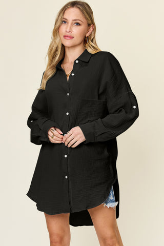 Shop Black Double Take Full Size Pocketed Texture Button Up Shirt - High-Quality U.S. Made Women’s Fashion with Free & Fast Shipping