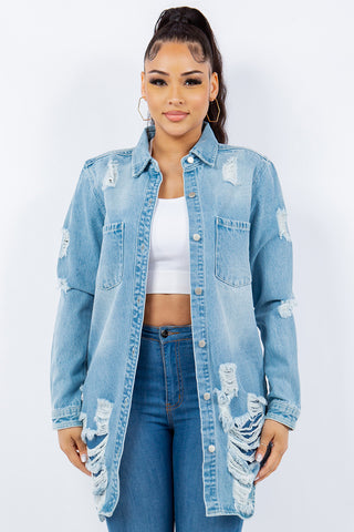 Shop American Bazi Distressed Button Up Long Sleeve Denim Jacket - High-Quality U.S. Made Women’s Fashion with Free Fast Shipping