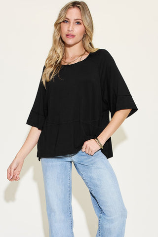 Shop Black Basic Bae Full Size Bamboo Round Neck Exposed Seam T-Shirt - High-Quality U.S. Made Women’s Fashion with Free & Fast Shipping