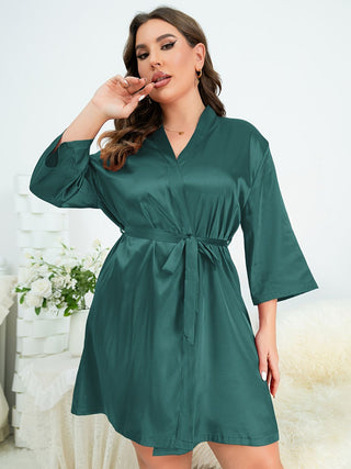 Shop Dark Green Plus Size Surplice Neck Tie Waist Robe - High-Quality U.S. Made Women’s Fashion with Free & Fast Shipping