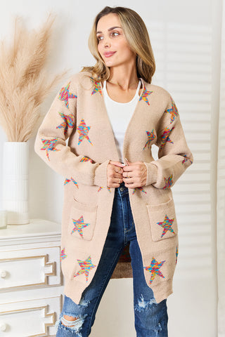 Shop Mocha Star Pattern Open Front Longline Cardigan - High-Quality U.S. Made Women’s Fashion with Free & Fast Shipping