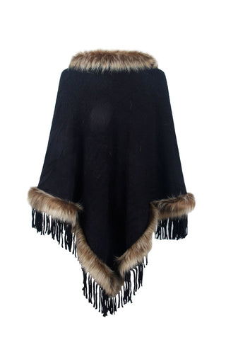 Shop Faux Fur Trim Fringed Poncho - High-Quality U.S. Made Women’s Fashion with Free & Fast Shipping