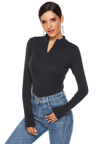 Shop Full Size Ribbed Half Zip Long Sleeve Bodysuit - High-Quality U.S. Made Women’s Fashion with Free & Fast Shipping