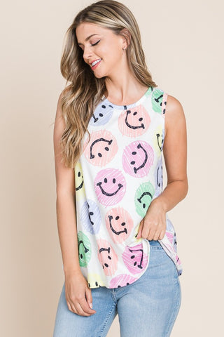 Shop BOMBOM Smiley Face Round Neck Tank - High-Quality U.S. Made Women’s Fashion with Free & Fast Shipping