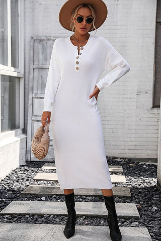 Shop White Decorative Button Notched Dropped Shoulder Sweater Dress - High-Quality U.S. Made Women’s Fashion with Free & Fast Shipping