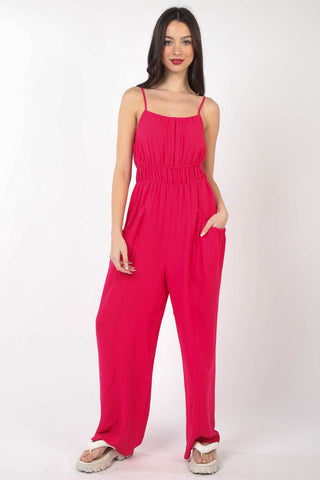 Shop Hot Pink VERY J Pintuck Detail Woven Sleeveless Jumpsuit - High-Quality U.S. Made Women’s Fashion with Free & Fast Shipping