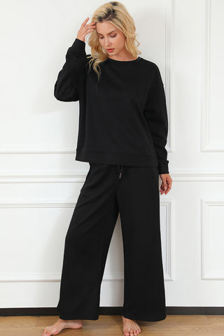 Shop Double Take Full Size Textured Long Sleeve Top and Drawstring Pants Set - High-Quality U.S. Made Women’s Fashion with Free Fast Shipping