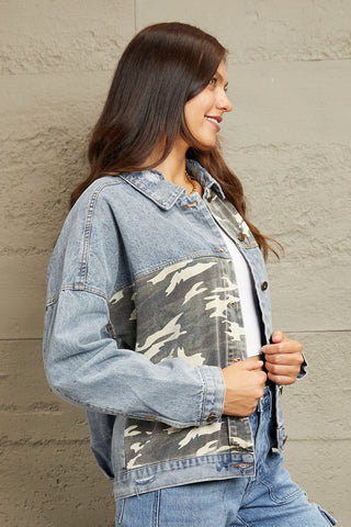 Shop GeeGee Full Size Washed Denim Camo Contrast Jacket - High-Quality U.S. Made Women’s Fashion with Free & Fast Shipping