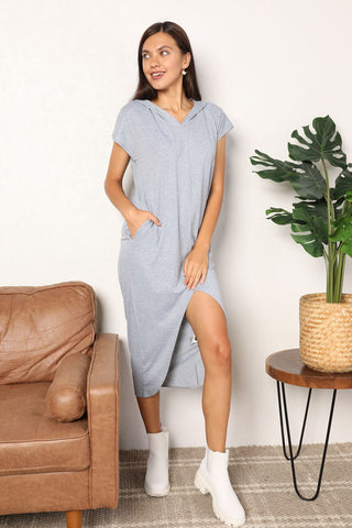 Shop Light Gray Short Sleeve Front Slit Hooded Dress - High-Quality U.S. Made Women’s Fashion with Free & Fast Shipping