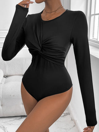 Shop Black Twisted Round Neck Long Sleeve Bodysuit - High-Quality U.S. Made Women’s Fashion with Free & Fast Shipping