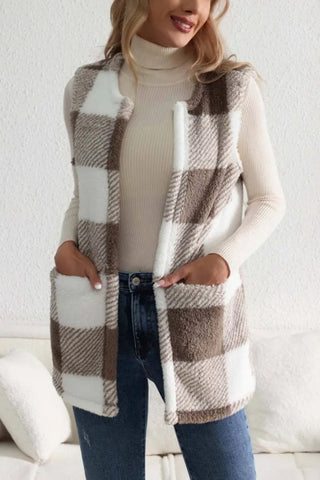 Shop Sherpa Plaid Open Front Vest Coat - High-Quality U.S. Made Women’s Fashion with Free & Fast Shipping