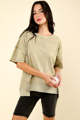 Shop Sage VERY J Round Neck Exposed Seam Slit T-Shirt - High-Quality U.S. Made Women’s Fashion with Free & Fast Shipping