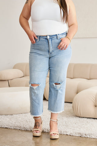 Shop RFM Full Size Tummy Control High Waist Raw Hem Distressed Jeans - High-Quality U.S. Made Women’s Fashion with Free & Fast Shipping