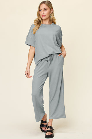 Shop Double Take Full Size Texture Round Neck Short Sleeve T-Shirt and Wide Leg Pants - High-Quality U.S. Made Women’s Fashion with Free Fast Shipping