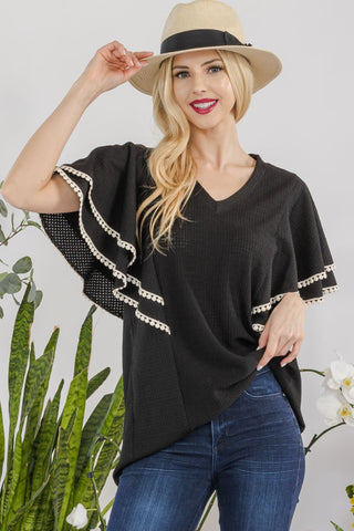 Shop BLACK Celeste Full Size V-Neck Lace Trim Flutter Sleeve Top - High-Quality U.S. Made Women’s Fashion with Free & Fast Shipping