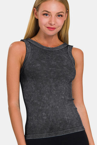 Shop Zenana 2 Way Neckline Washed Ribbed Cropped Tank - High-Quality U.S. Made Women’s Fashion with Free & Fast Shipping