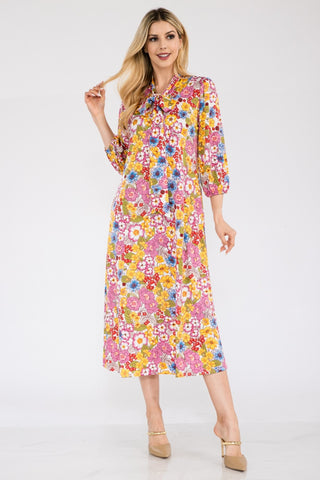 Shop Celeste Full Size Floral Midi Dress with Bow Tied - High-Quality U.S. Made Women’s Fashion with Free & Fast Shipping