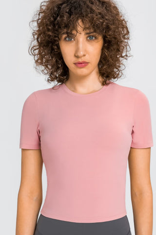 Shop Pink Millennia Round Neck Short Sleeve Yoga Tee - High-Quality U.S. Made Women’s Fashion with Free & Fast Shipping