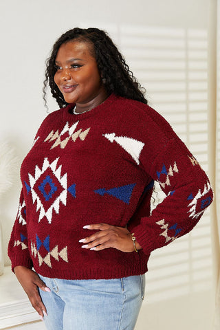 Shop HEYSON Full Size Aztec Soft Fuzzy Sweater - High-Quality U.S. Made Women’s Fashion with Free Fast Shipping