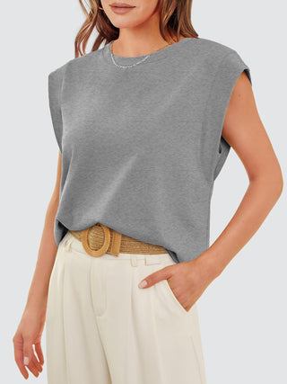 Shop Gray Round Neck Cap Sleeve Tank - High-Quality U.S. Made Women’s Fashion with Free & Fast Shipping