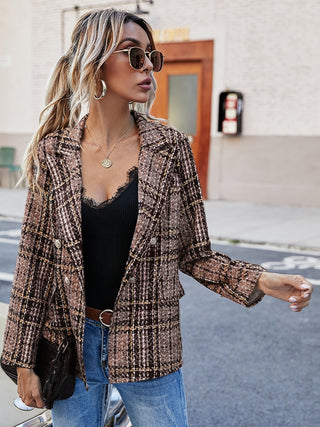 Shop Brown Full Size Plaid Lapel Collar Blazer - High-Quality U.S. Made Women’s Fashion with Free & Fast Shipping