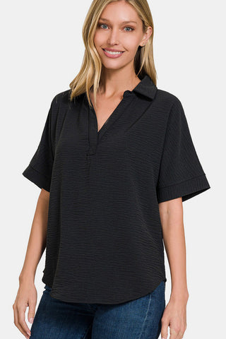 Shop Black Zenana Full Size Texture Collared Neck Short Sleeve Top - High-Quality U.S. Made Women’s Fashion with Free & Fast Shipping