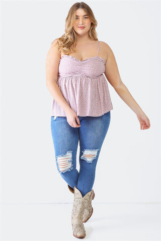 Shop Zenobia Plus Size Frill Smocked Floral Sweetheart Neck Cami - High-Quality U.S. Made Women’s Fashion with Free & Fast Shipping