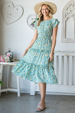 Shop Mint Reborn J Floral Ruffle Trim Tiered Midi Dress - High-Quality U.S. Made Women’s Fashion with Free & Fast Shipping