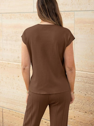 Shop Brown Round Neck Cap Sleeve Top and Pants Knit Set - High-Quality U.S. Made Women’s Fashion with Free & Fast Shipping