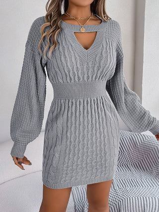 Shop Charcoal Cable-Knit Cutout Round Neck Slit Sweater Dress - High-Quality U.S. Made Women’s Fashion with Free & Fast Shipping