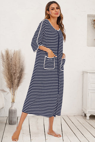 Shop Navy Round Neck Three-Quarter Sleeve Midi Night Dress - High-Quality U.S. Made Women’s Fashion with Free & Fast Shipping