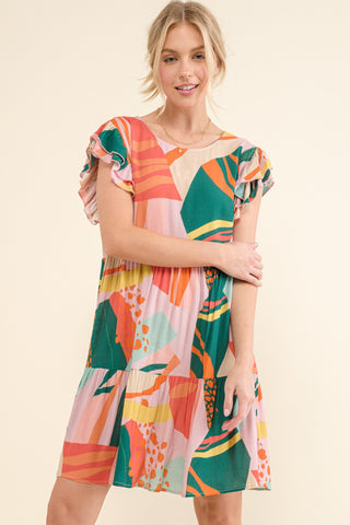 Shop GREENERY And The Why Printed Double Ruffle Sleeve Dress - High-Quality U.S. Made Women’s Fashion with Free & Fast Shipping