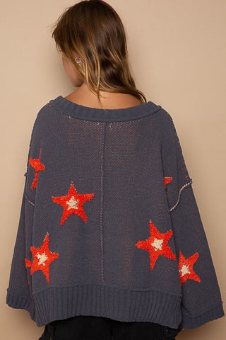 Shop POL Long Sleeve Star Patch Sweater - High-Quality U.S. Made Women’s Fashion with Free & Fast Shipping