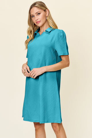 Shop Pastel Blue Double Take Full Size Texture Collared Neck Short Sleeve Dress - High-Quality U.S. Made Women’s Fashion with Free & Fast Shipping