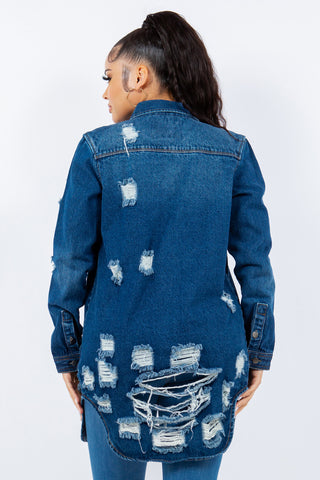 Shop American Bazi Distressed Button Up Long Sleeve Denim Jacket - High-Quality U.S. Made Women’s Fashion with Free Fast Shipping