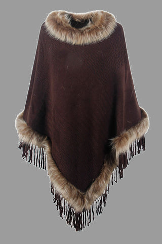 Shop Chocolate One Size Faux Fur Trim Fringed Poncho - High-Quality U.S. Made Women’s Fashion with Free & Fast Shipping