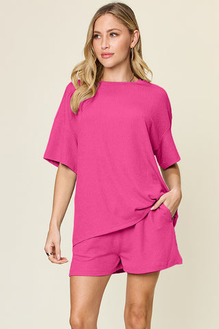 Shop Hot Pink Double Take Basic style Round Neck Solid Set - High-Quality U.S. Made Women’s Fashion with Free & Fast Shipping