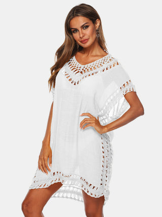 Shop Cutout V-Neck Short Sleeve Cover-Up - High-Quality U.S. Made Women’s Fashion with Free Fast Shipping